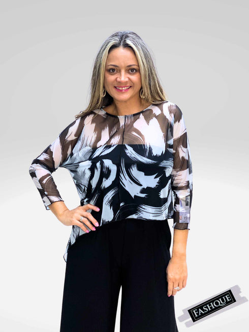 Asymmetrical Mesh See - Through Poncho Top - T2637